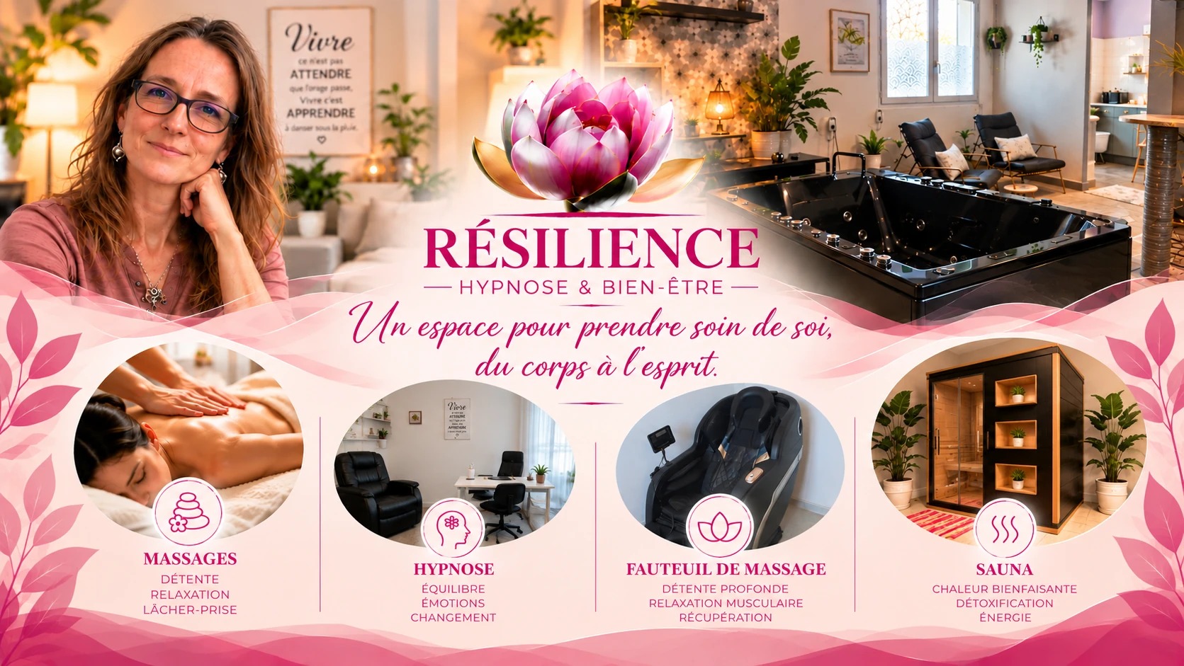 Bannière Résilience Hypnose & Bien-être avec Florence Vivier et présentation des espaces de détente.